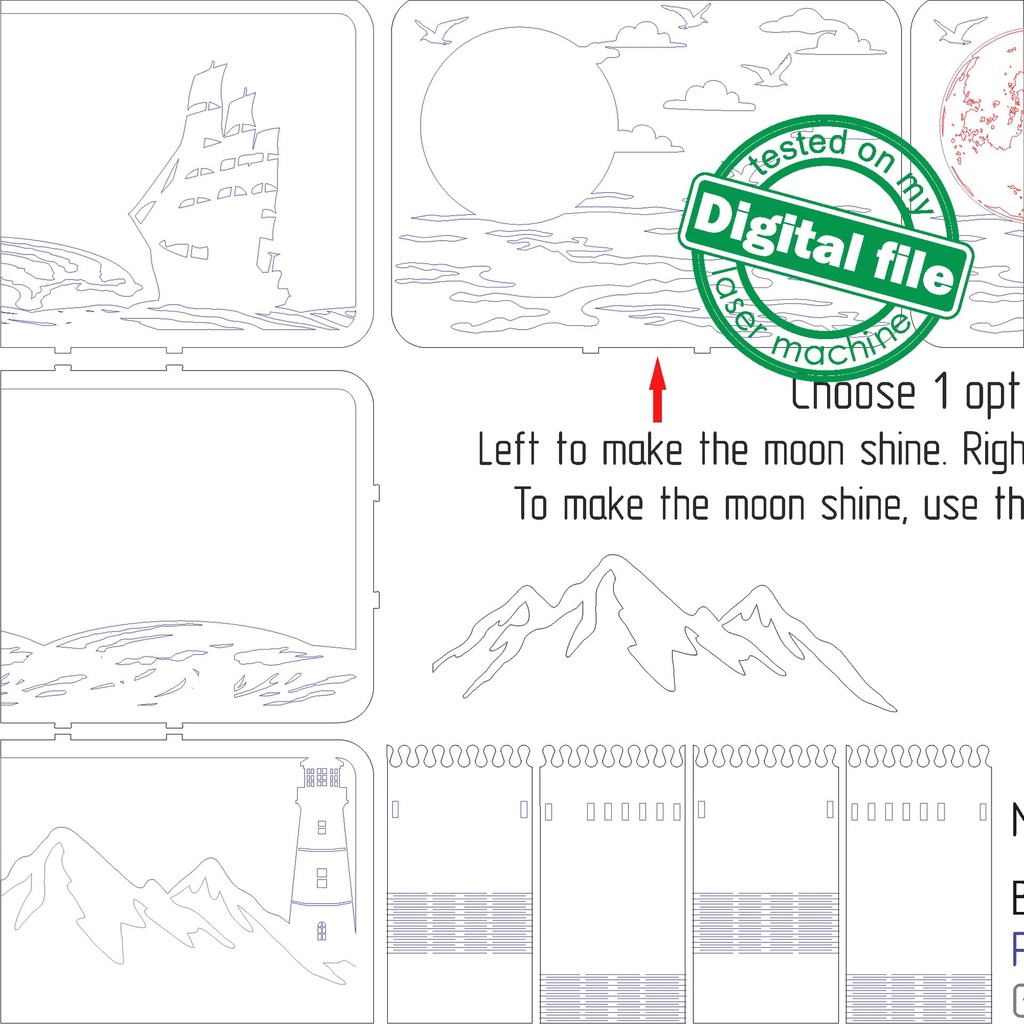 DXF, SVG files for Light Box Waves, mountains, ocean, lighthouse, ship, Engraved and Glowing moon, flexible plywood, Glowforge ready file