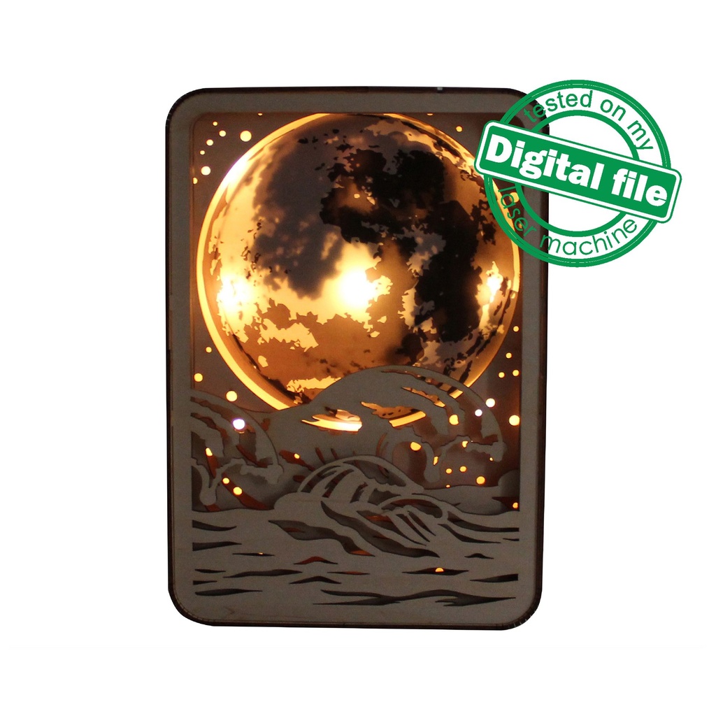 DXF, SVG files for Light box Waves, Engraved Moon, Glowing moon, Multilayered Wood Sculptures, flexible plywood, Glowforge ready file