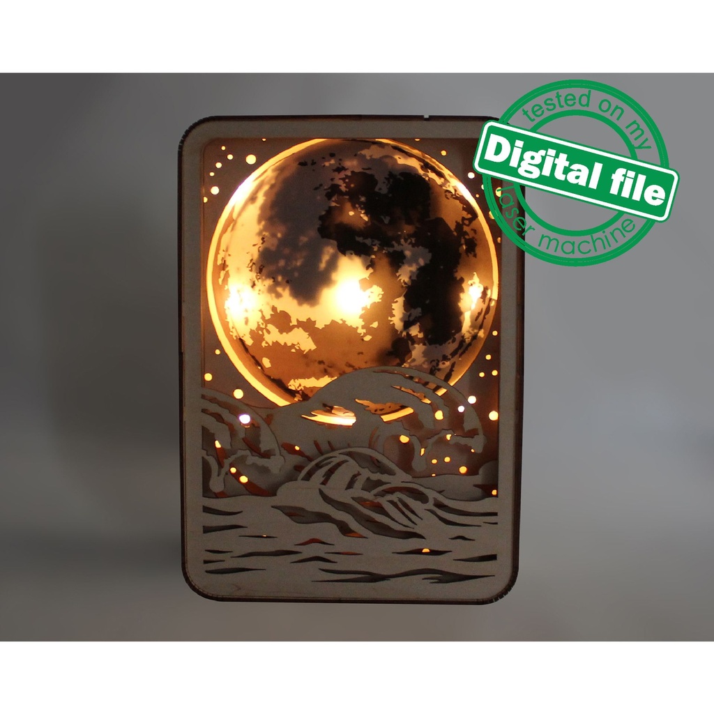 DXF, SVG files for Light box Waves, Engraved Moon, Glowing moon, Multilayered Wood Sculptures, flexible plywood, Glowforge ready file