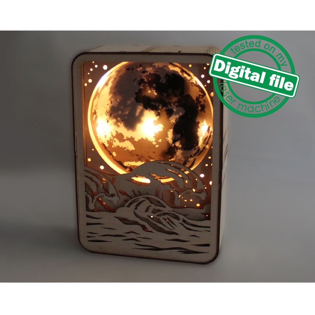 DXF, SVG files for Light box Waves, Engraved Moon, Glowing moon, Multilayered Wood Sculptures, flexible plywood, Glowforge ready file