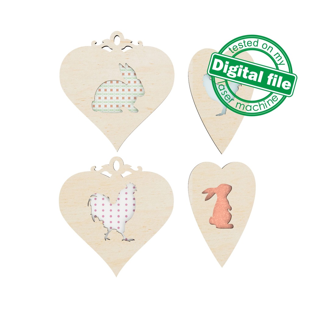 DXF, SVG files for cutting Easter Wood Ornaments, Set of 4 hanging Heart, Rooster, Chicken, Bunny Rabbit, Material of any thickness