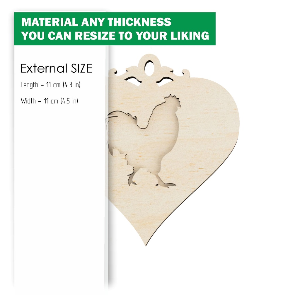 DXF, SVG files for cutting Easter Wood Ornaments, Set of 4 hanging Heart, Rooster, Chicken, Bunny Rabbit, Material of any thickness