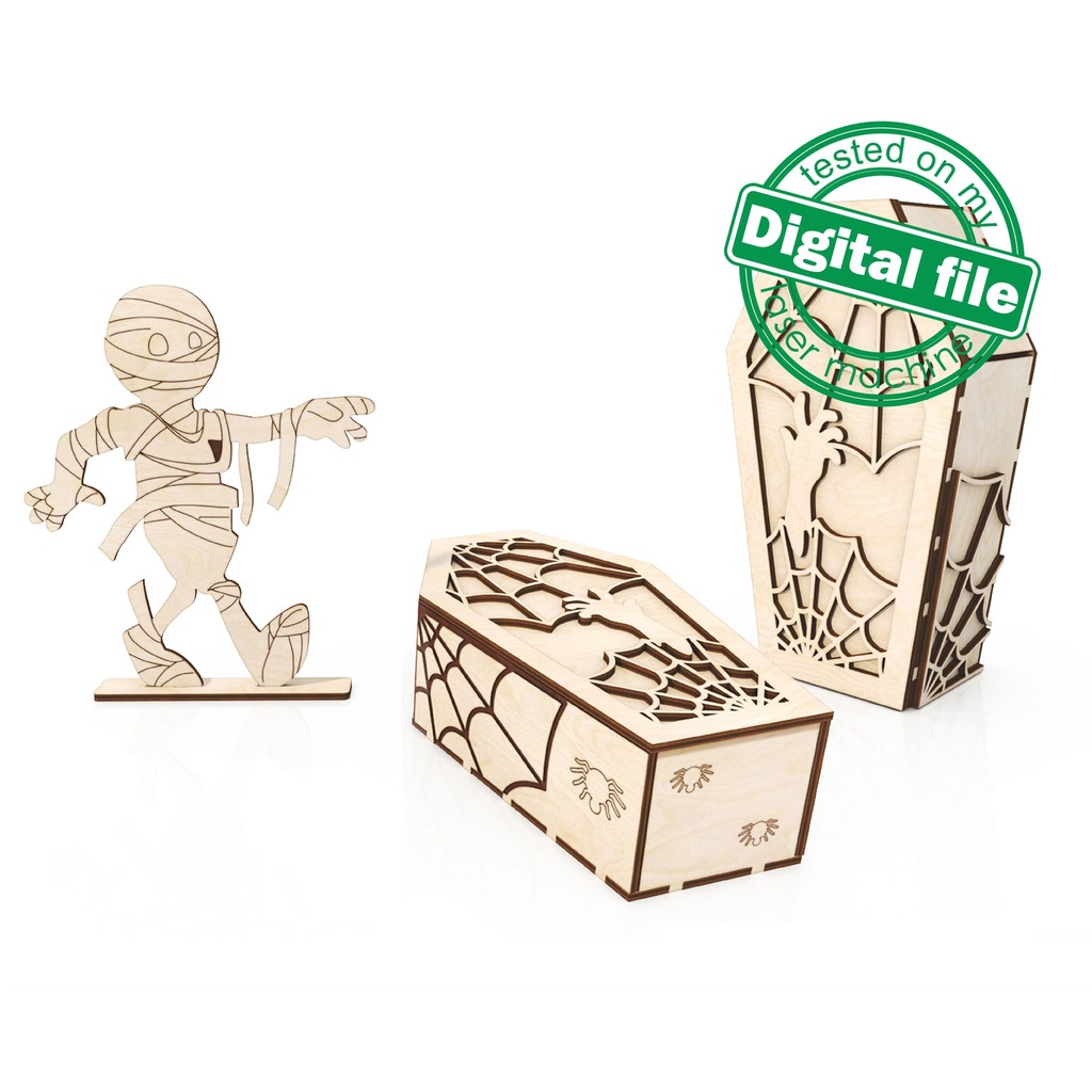 DXF, SVG files for laser 2 designs Halloween boxes & mummy, Vector project, Glowforge, Material thickness 1/8 inch (3.2 mm)