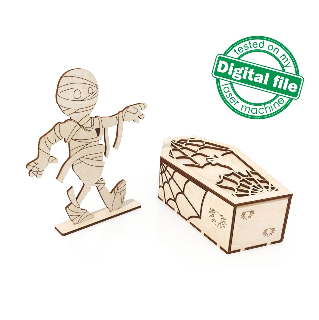 DXF, SVG files for laser 2 designs Halloween boxes & mummy, Vector project, Glowforge, Material thickness 1/8 inch (3.2 mm)