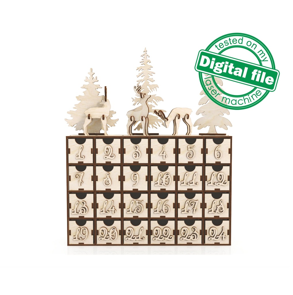 DXF, SVG files for laser 24 or 30 days of Christmas Advent calendar, Winter forest, Deer, Glowforge, Material thickness 1/8 inch (3.2 mm)