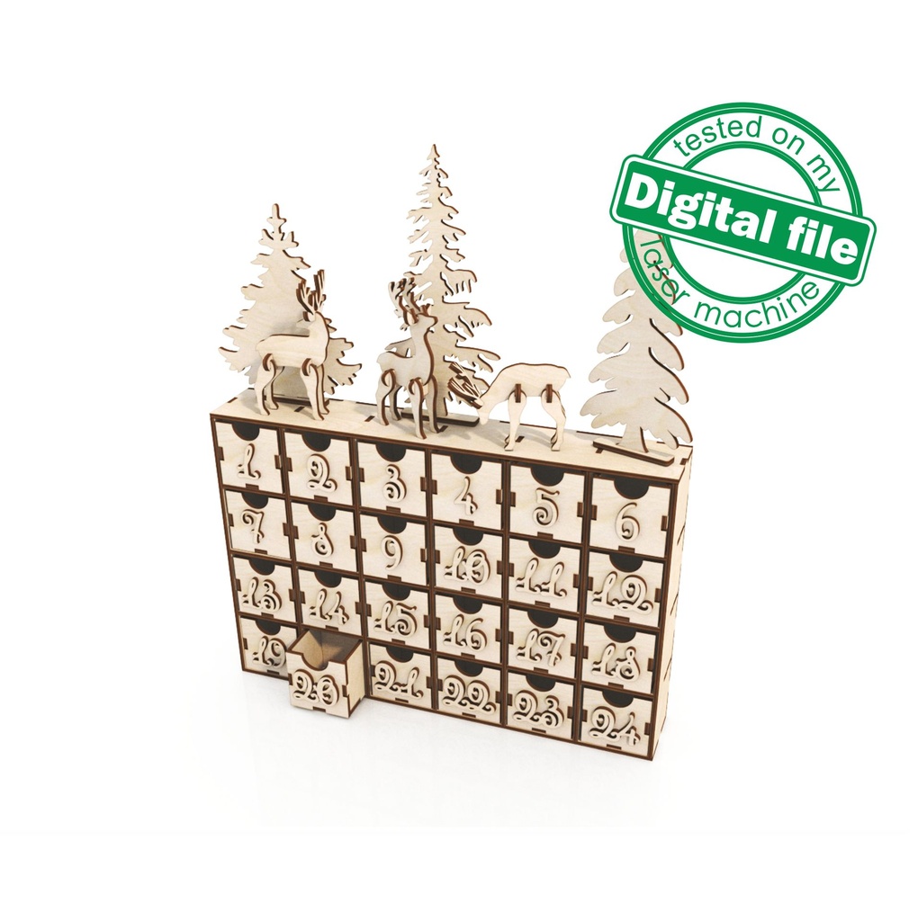 DXF, SVG files for laser 24 or 30 days of Christmas Advent calendar, Winter forest, Deer, Glowforge, Material thickness 1/8 inch (3.2 mm)