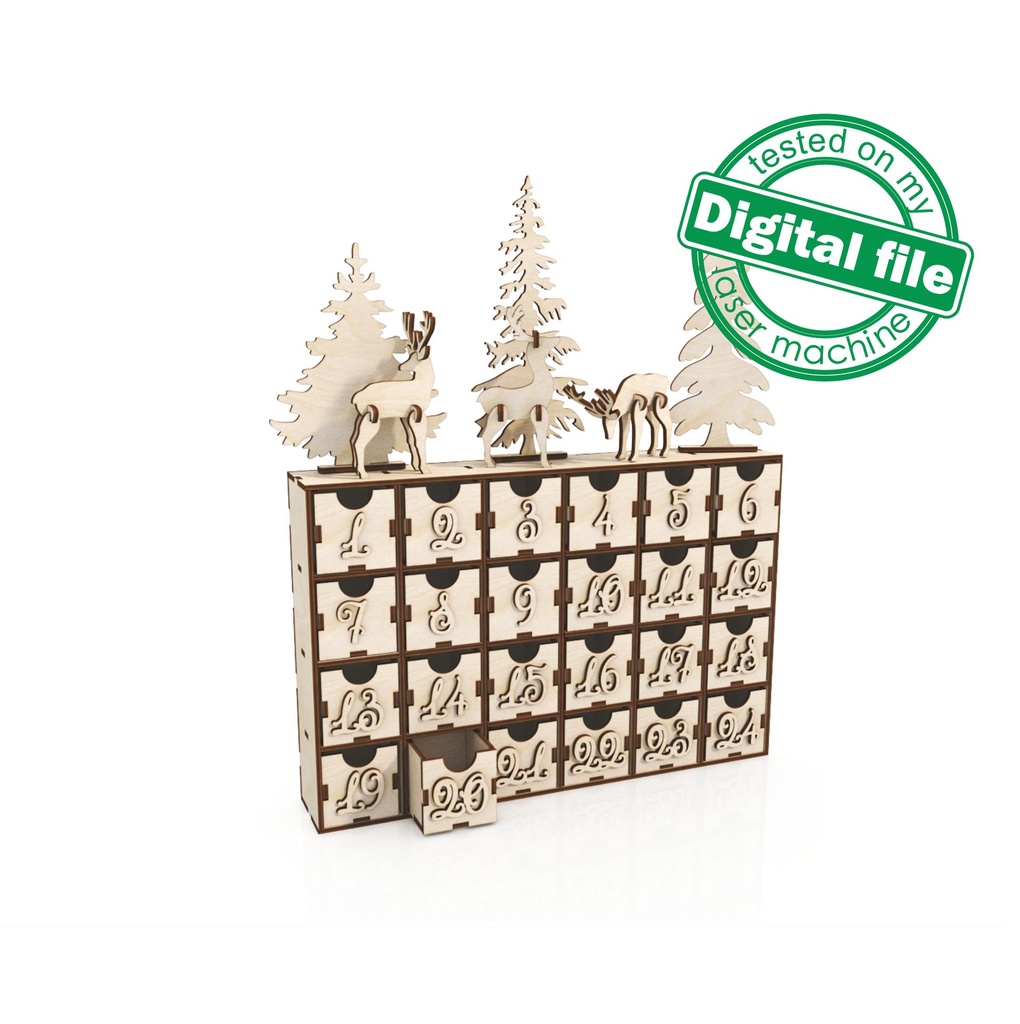 DXF, SVG files for laser 24 or 30 days of Christmas Advent calendar, Winter forest, Deer, Glowforge, Material thickness 1/8 inch (3.2 mm)