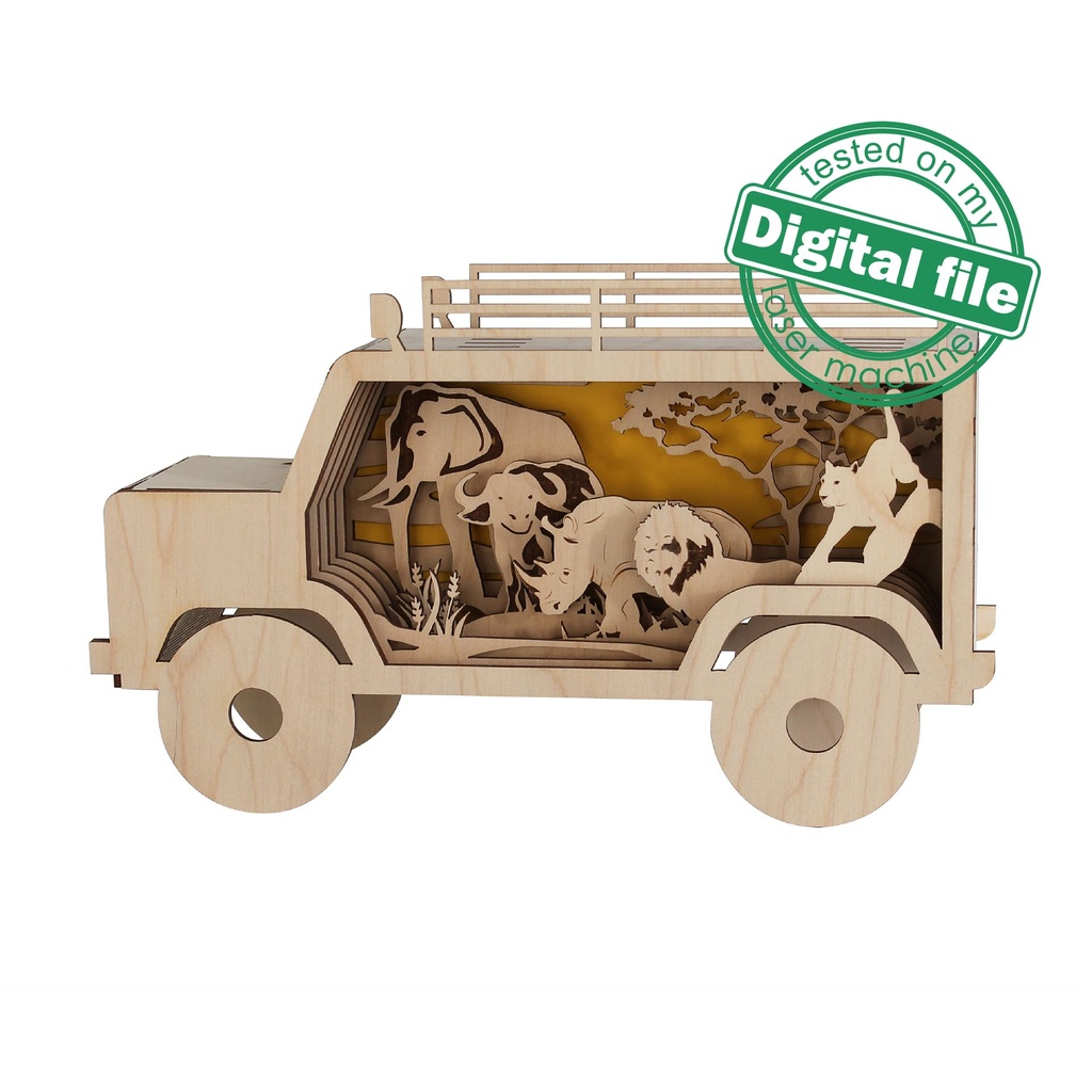 DXF, SVG files for laser Africa jeep, African big five animals, Elephant, Lion, Leopard, Rhinoceros, African Buffalo, Glowforge