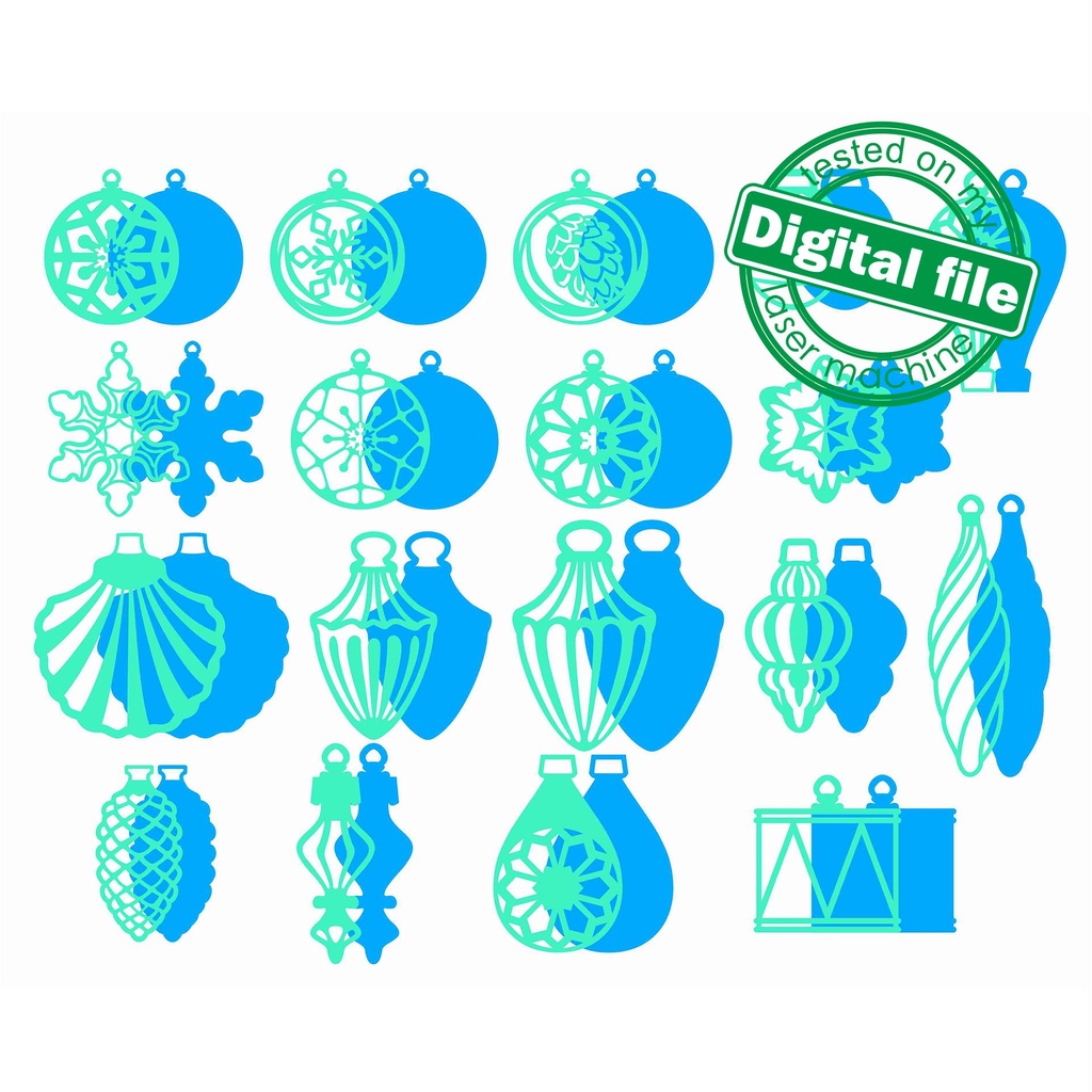 DXF, SVG files for laser Big Set Christmas Ornaments in the gift box, 18 Different Design, Glowforge ready, Layered Ornament pattern, Retro