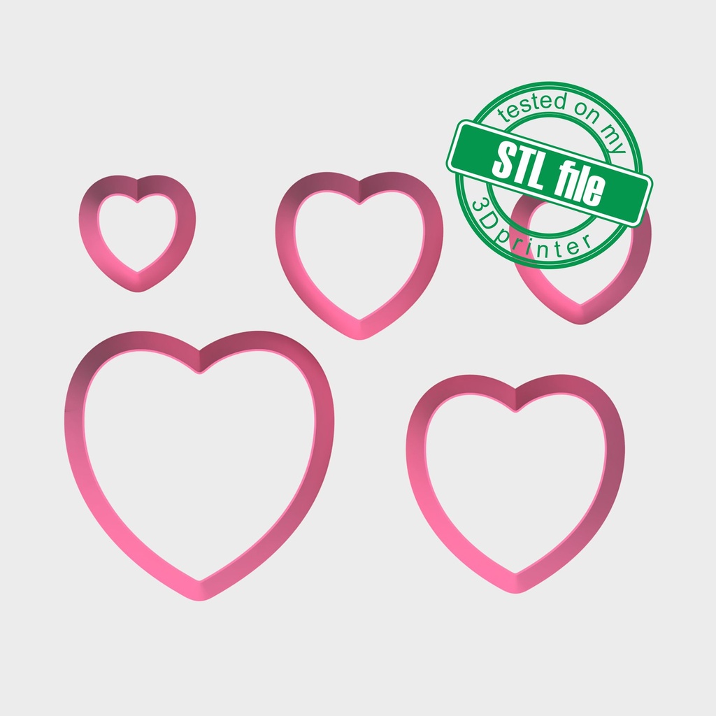 Basic Shapes Hearts, 5 Sizes, Digital STL File For 3D Printing, Polymer Clay Cutter, St Valentine, 5 different designs