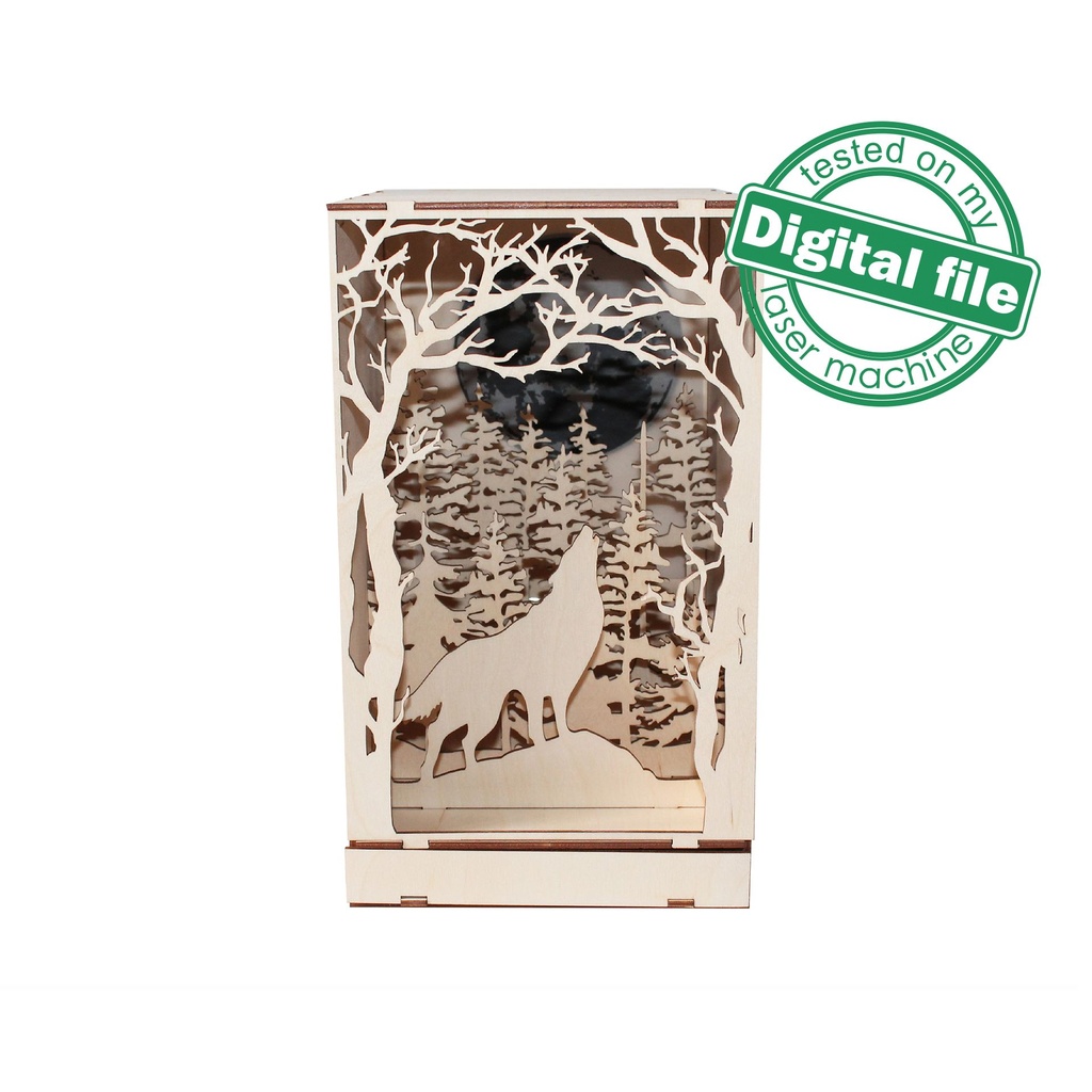 DXF, SVG files for laser Book Nook Wolf howling at the Moon, enchanted forest, glowing moon, Glowforge, Material thickness 1/8 inch (3.2 mm)