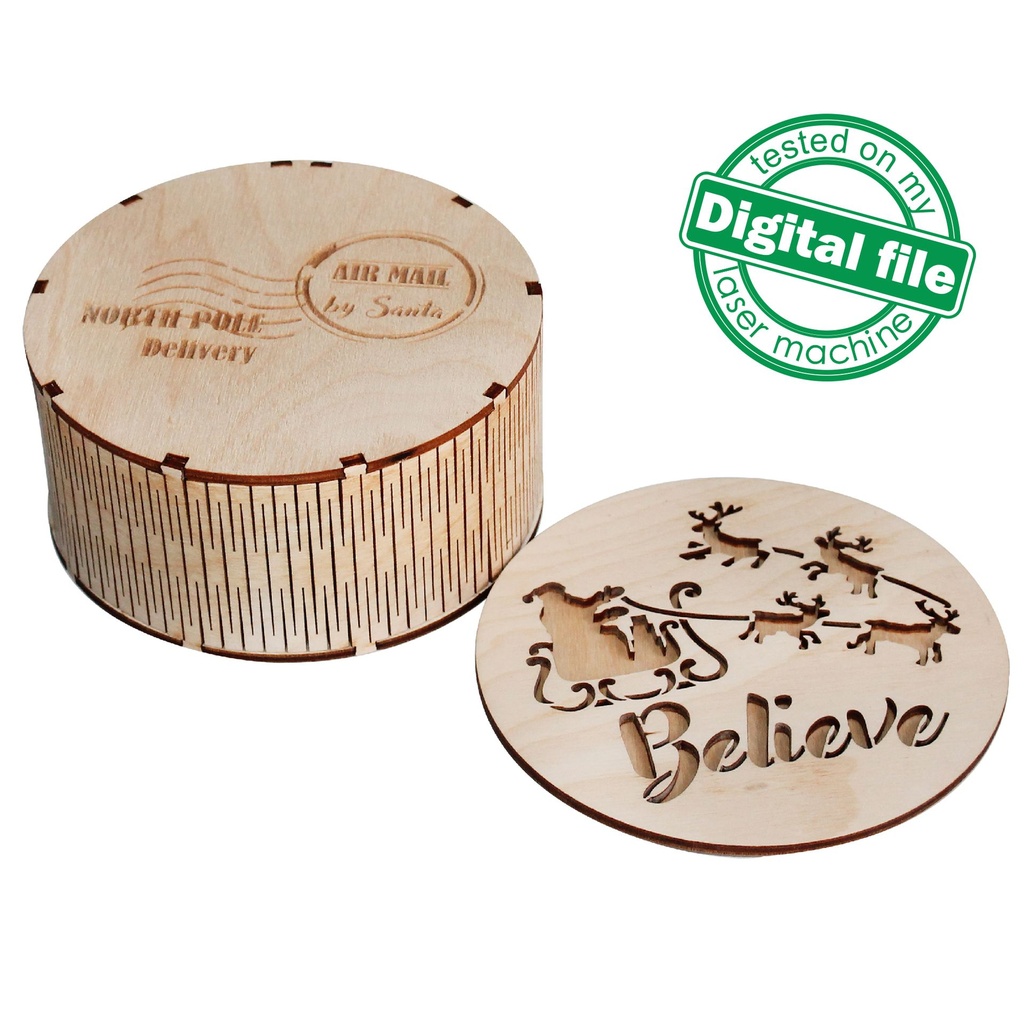 DXF, SVG files for laser Box Believe, Christmas Gift, Candy Box, Flying reindeer, Santa claus, North pole mail