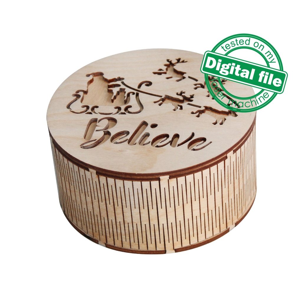 DXF, SVG files for laser Box Believe, Christmas Gift, Candy Box, Flying reindeer, Santa claus, North pole mail