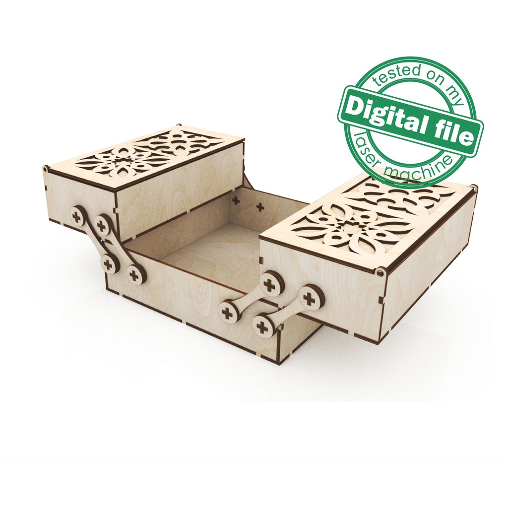 DXF, SVG files for laser Box with sliding drawers, opening carved cover, Vector project, Glowforge, Material thickness 1/8 inch (3.2 mm)