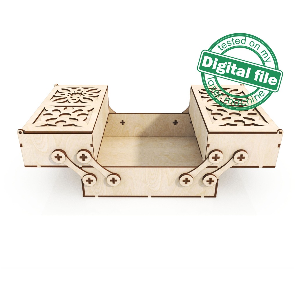 DXF, SVG files for laser Box with sliding drawers, opening carved cover, Vector project, Glowforge, Material thickness 1/8 inch (3.2 mm)