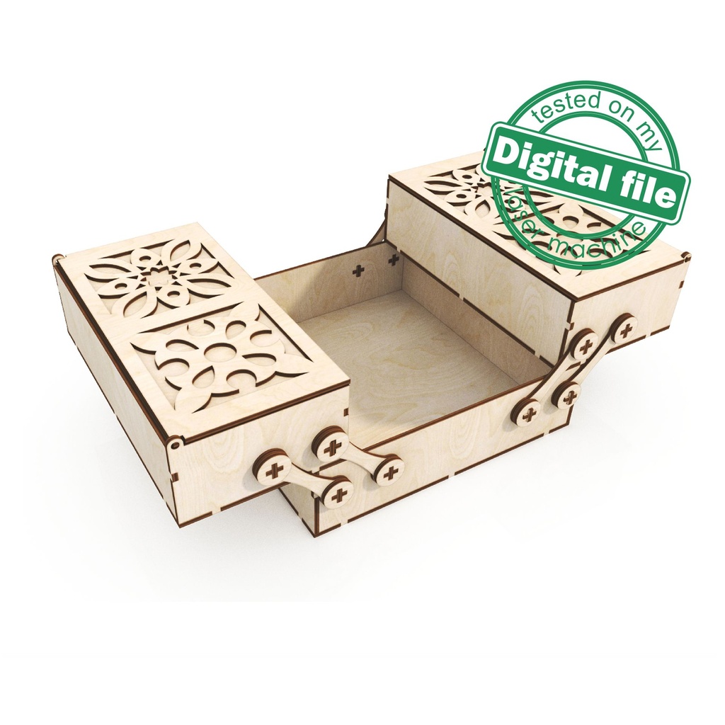 DXF, SVG files for laser Box with sliding drawers, opening carved cover, Vector project, Glowforge, Material thickness 1/8 inch (3.2 mm)