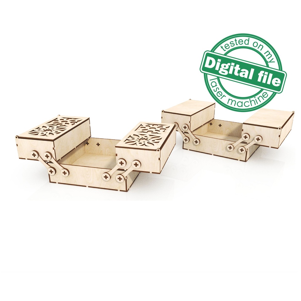 DXF, SVG files for laser Box with sliding drawers, opening carved cover, Vector project, Glowforge, Material thickness 1/8 inch (3.2 mm)