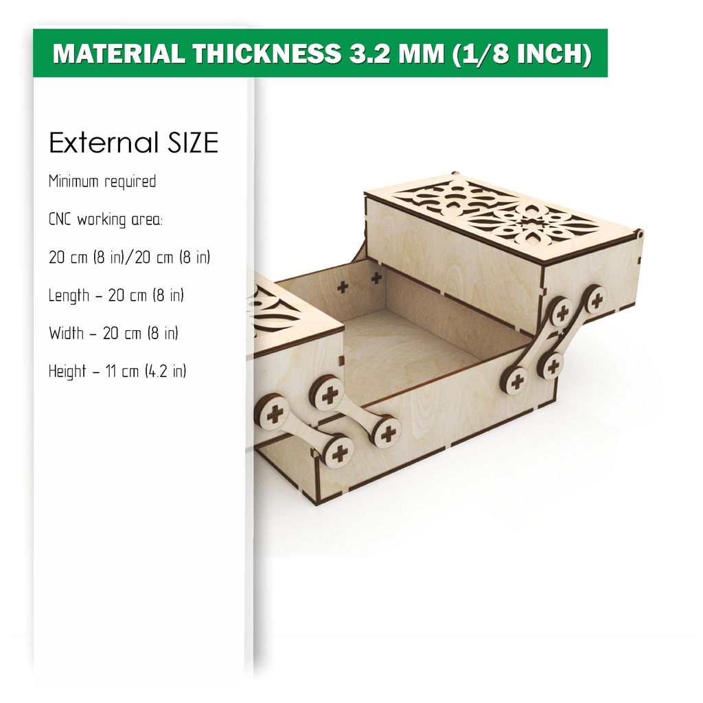 DXF, SVG files for laser Box with sliding drawers, opening carved cover, Vector project, Glowforge, Material thickness 1/8 inch (3.2 mm)