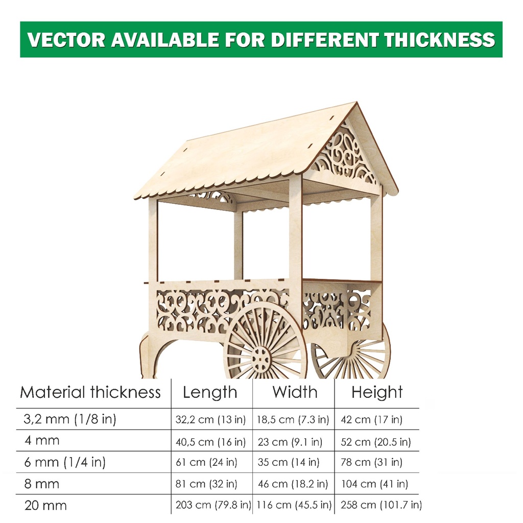 DXF, SVG files for laser Candy Cart, Candy bar stand, Vector project, Glowforge, 5 different material thickness