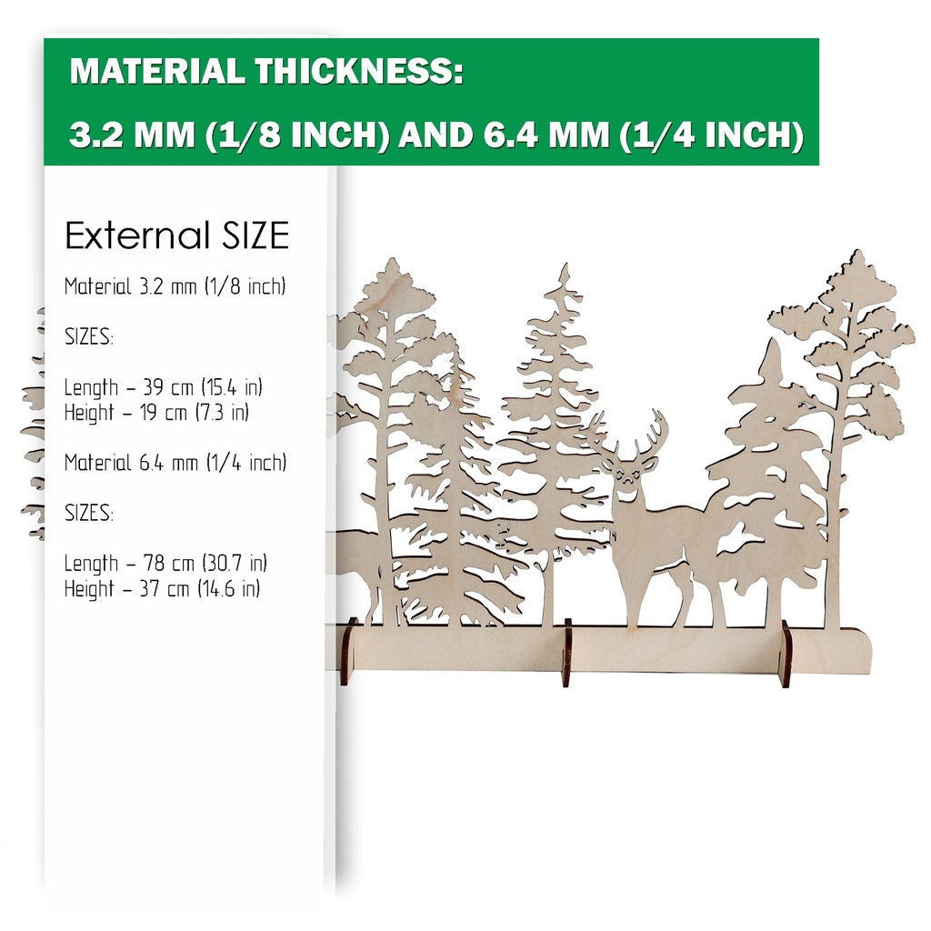 DXF, SVG files for laser Christmas Deer family, Winter Forest, Rustic Wood, Glowforge, Material thickness 3.2 / 6.4 mm