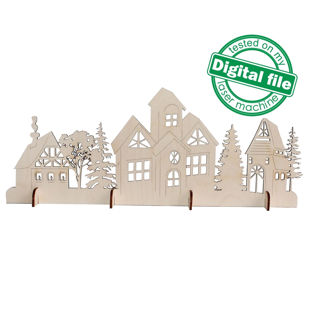 DXF, SVG files for laser Christmas Wintar Village, Church, Winter Forest, Rustic Wood, Glowforge, Material thickness 3.2 / 6.4 mm