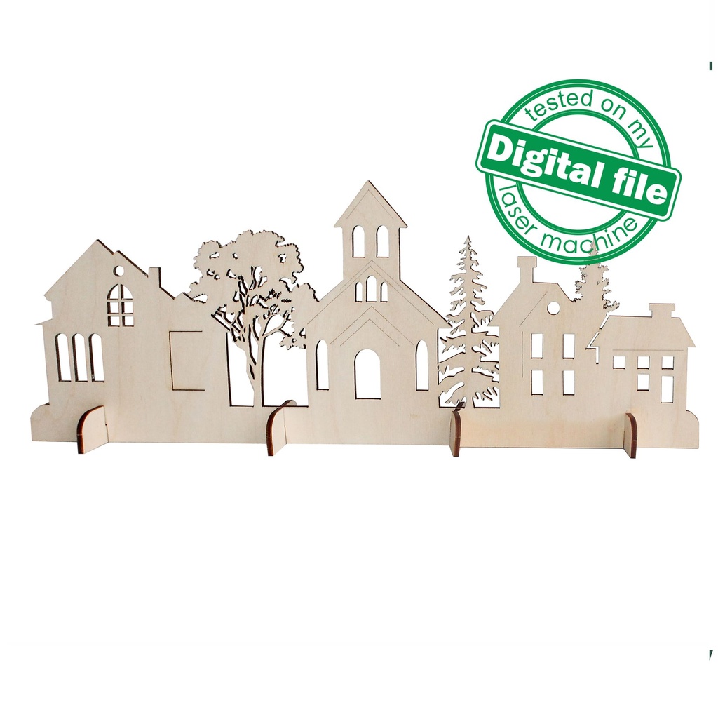 DXF, SVG files for laser Christmas Winter Village, Church, Forest, Rustic Wood, Glowforge, Material thickness 3.2 / 6.4 mm