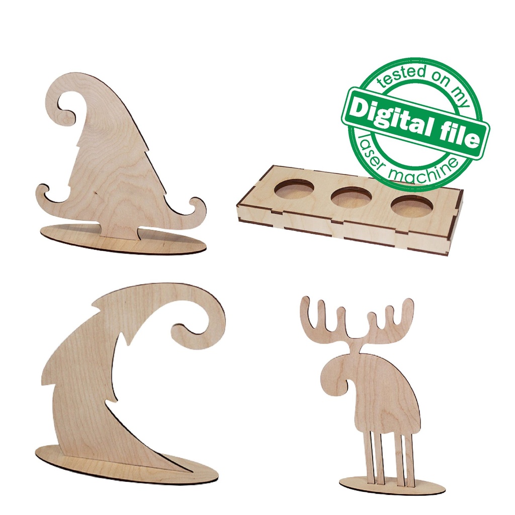 DXF, SVG files for laser Christmas decor set, Moose, Trees, Scandinavian style tea light candle holder, Material thickness 1/8 inch (3.2 mm)