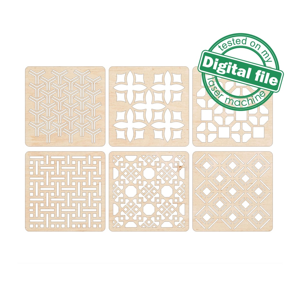 DXF, SVG files for Laser Cut Geometric Wood Coasters in box, Set of 6 Different design, Material thickness 3.2 mm (1/8 inch)