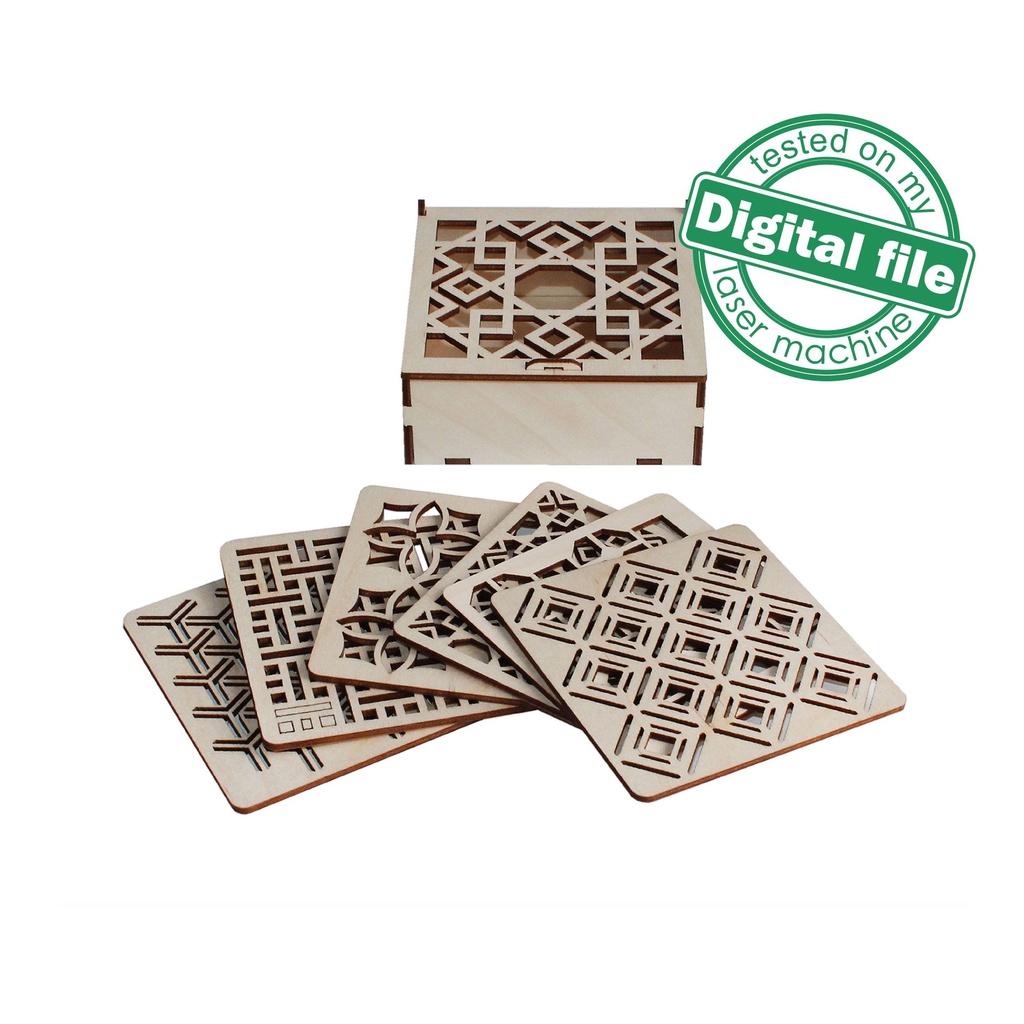 DXF, SVG files for Laser Cut Geometric Wood Coasters in box, Set of 6 Different design, Material thickness 3.2 mm (1/8 inch)