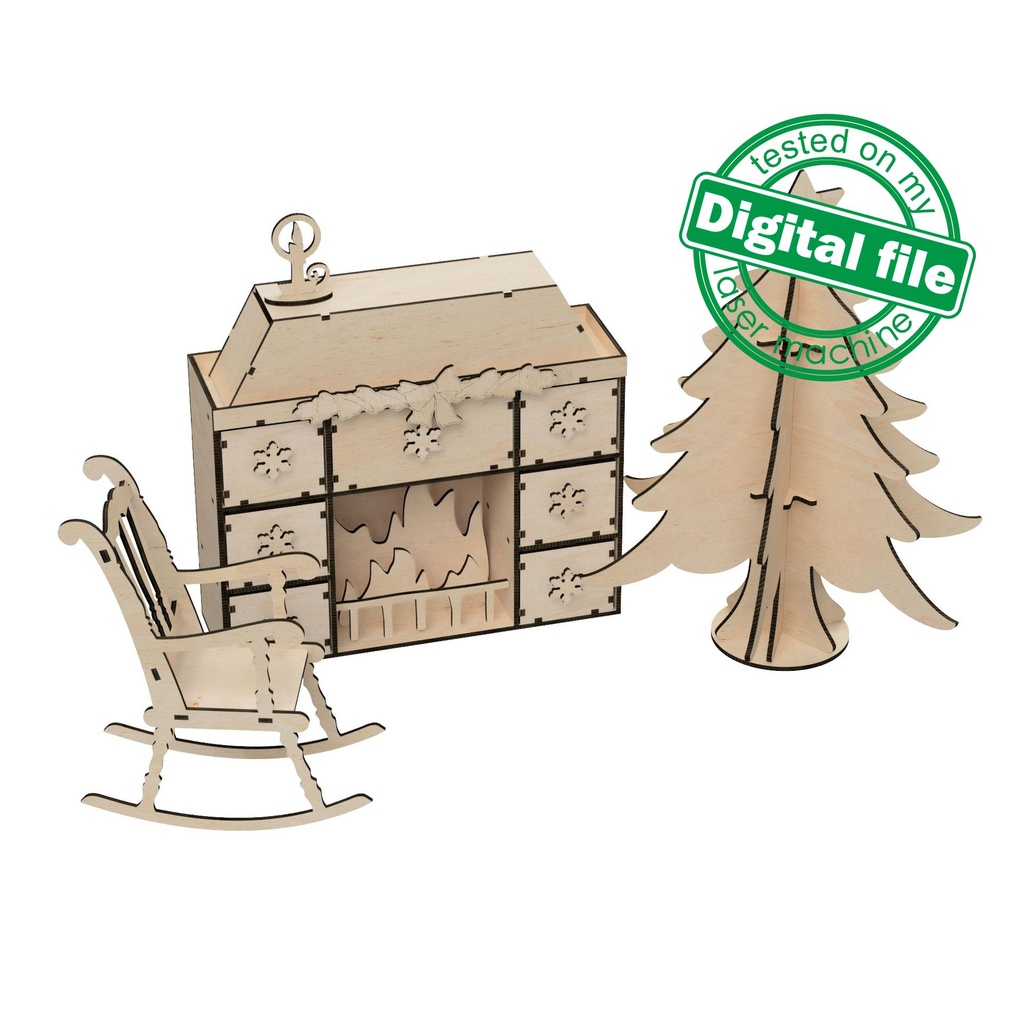 DXF, SVG files for laser Christmas miniature, fireplace with drawers, 7-day Advent calendar, 3D tree with star decoration, rocking chair.
