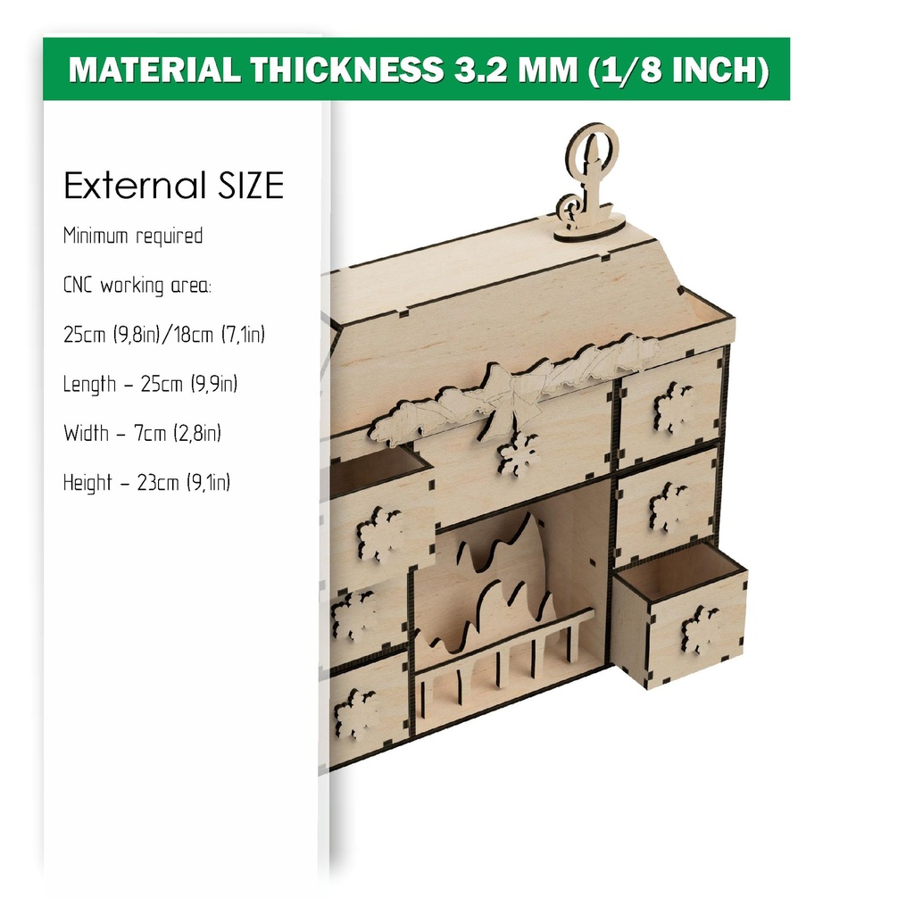 DXF, SVG files for laser Christmas miniature, fireplace with drawers, 7-day Advent calendar, 3D tree with star decoration, rocking chair.