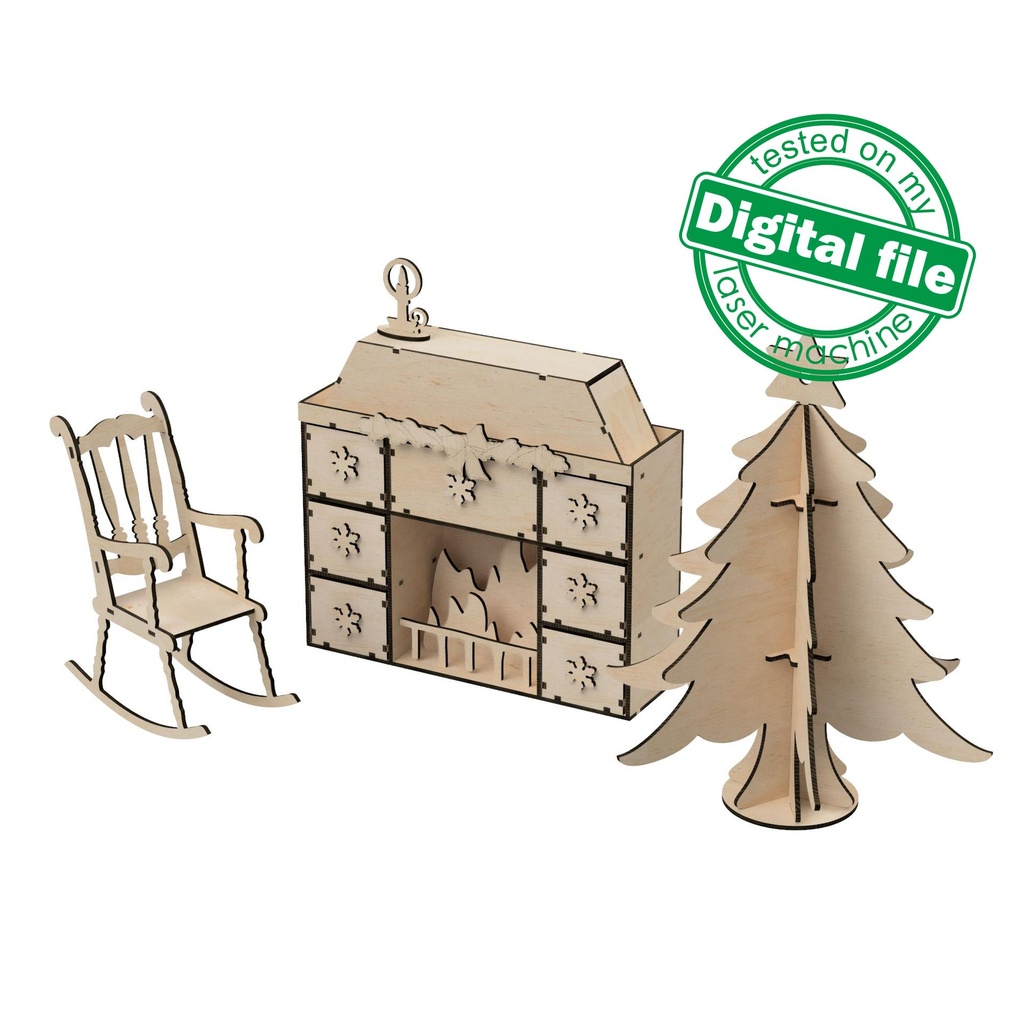 DXF, SVG files for laser Christmas miniature, fireplace with drawers, 7-day Advent calendar, 3D tree with star decoration, rocking chair.