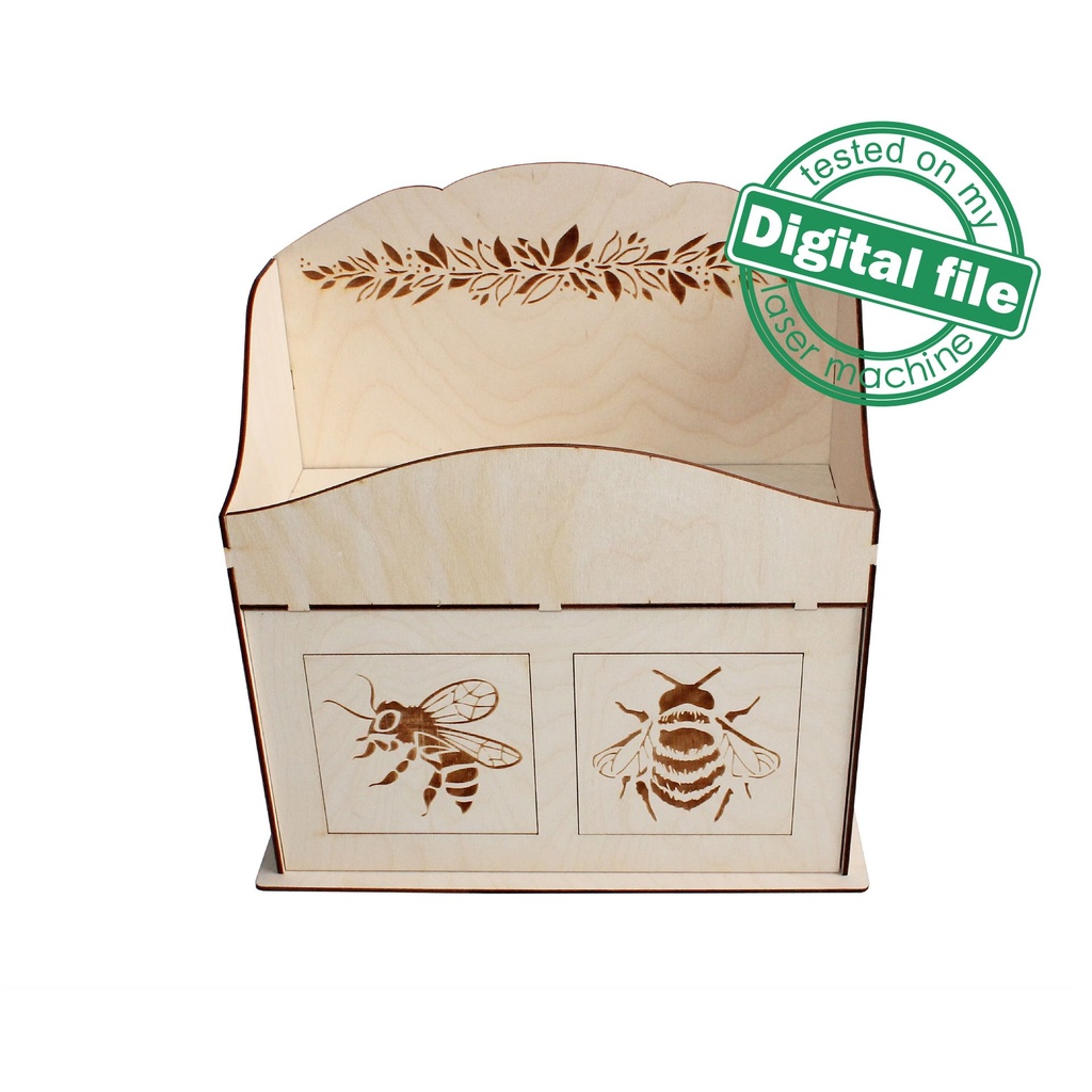 DXF, SVG files for laser Desktop Storage box with drawer King bee, laurel branch, Organiser, Two different material thickness 3.2 / 6.4 mm