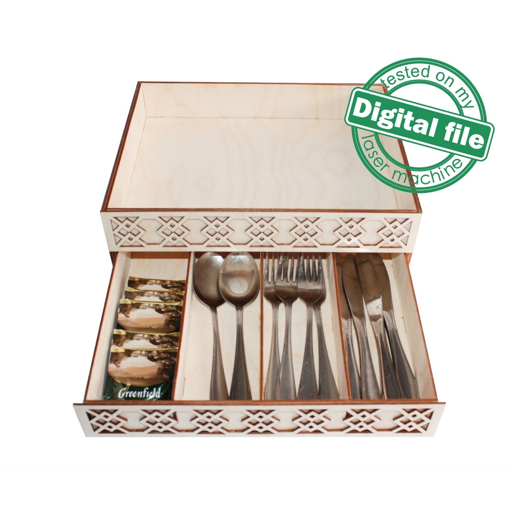 DXF, SVG files for laser Kitchen Tray, Cutlery box, Tiered cutlery drawer with openwork carving, Material thickness 3.2