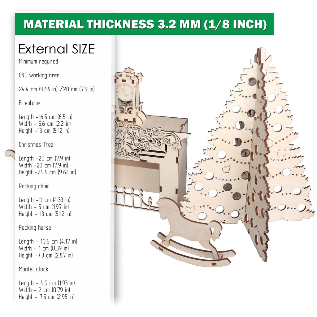 DXF, SVG files for laser Doll House Miniature Fireplace, Christmas Tree, Chair, Rocking Horse, Mantel clock. Material 1/8 inch (3.2 mm)