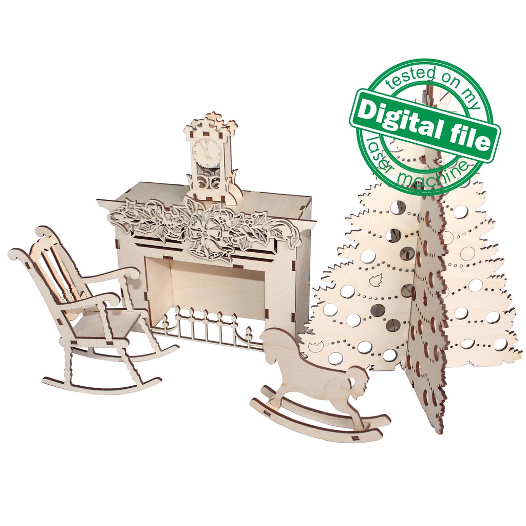 DXF, SVG files for laser Doll House Miniature Fireplace, Christmas Tree, Chair, Rocking Horse, Mantel clock. Material 1/8 inch (3.2 mm)