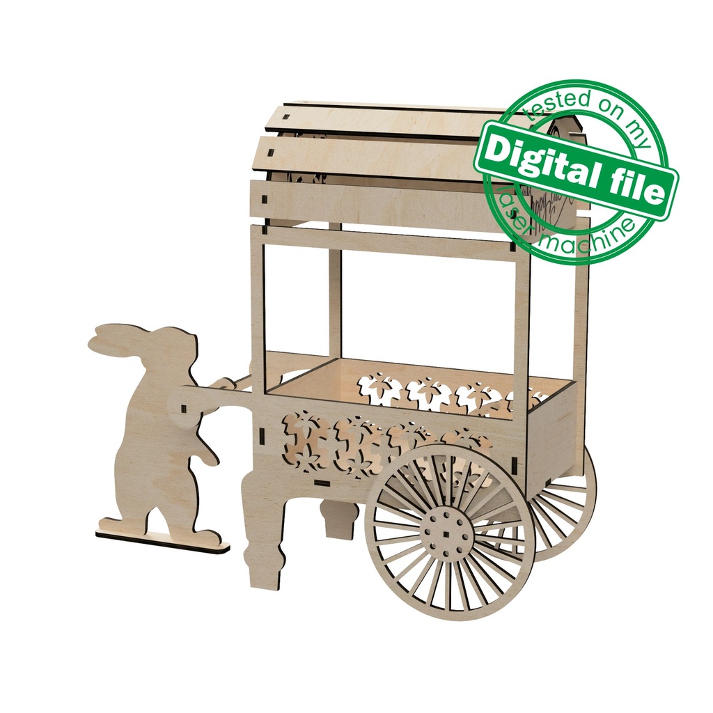 DXF, SVG files for laser Easter Bunny with cart Candy Cart, Vector projects, Glowforge, Material thickness 1/8 inch (3.2 mm)
