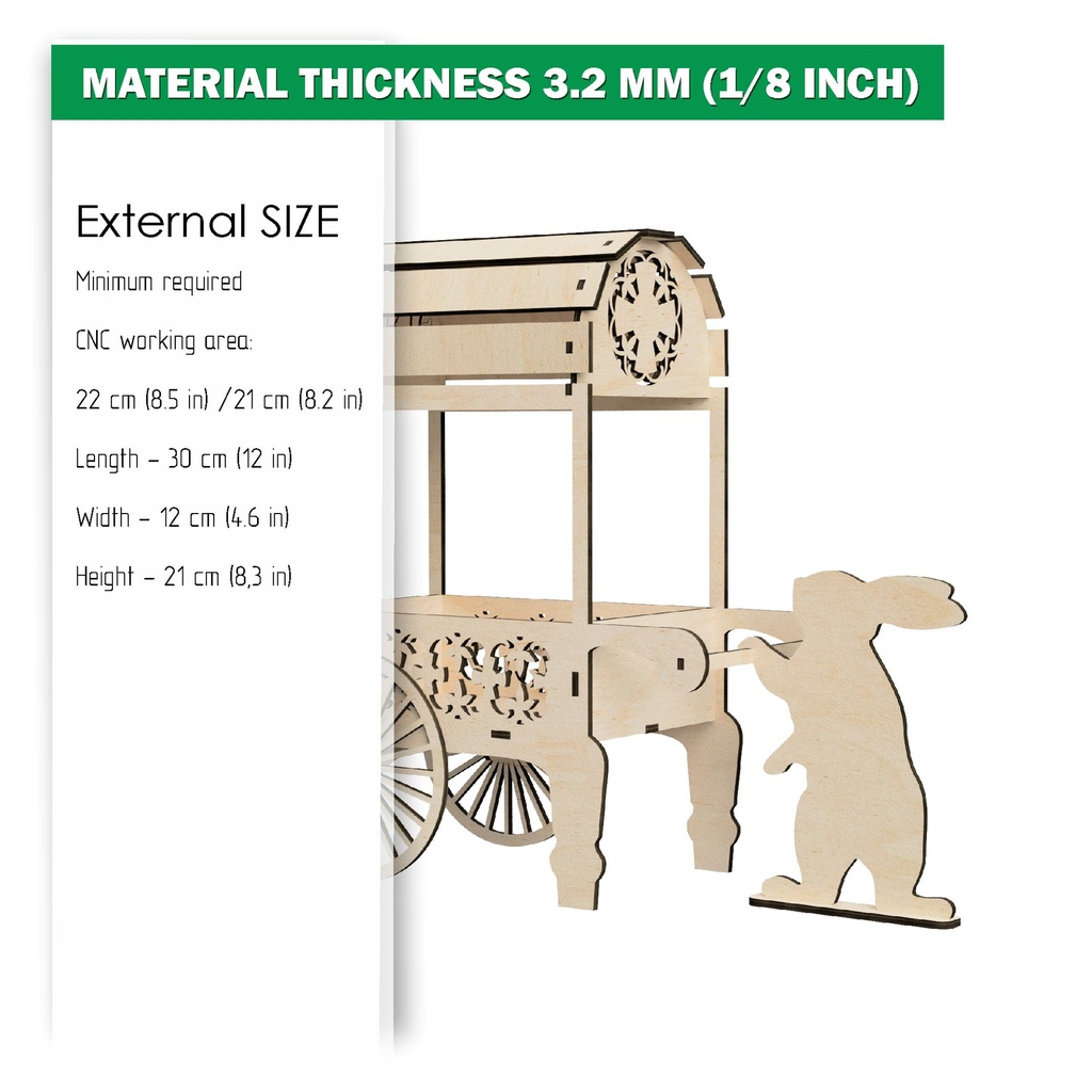 DXF, SVG files for laser Easter Bunny with cart Candy Cart, Vector projects, Glowforge, Material thickness 1/8 inch (3.2 mm)