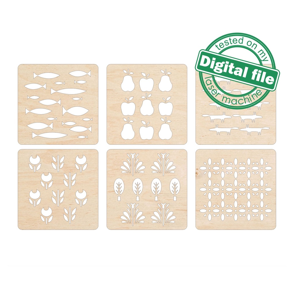 DXF, SVG files for Laser Cut Scandy Wood Coasters in box, Set of 6 Different design, Material thickness 3.2 mm (1/8 inch)