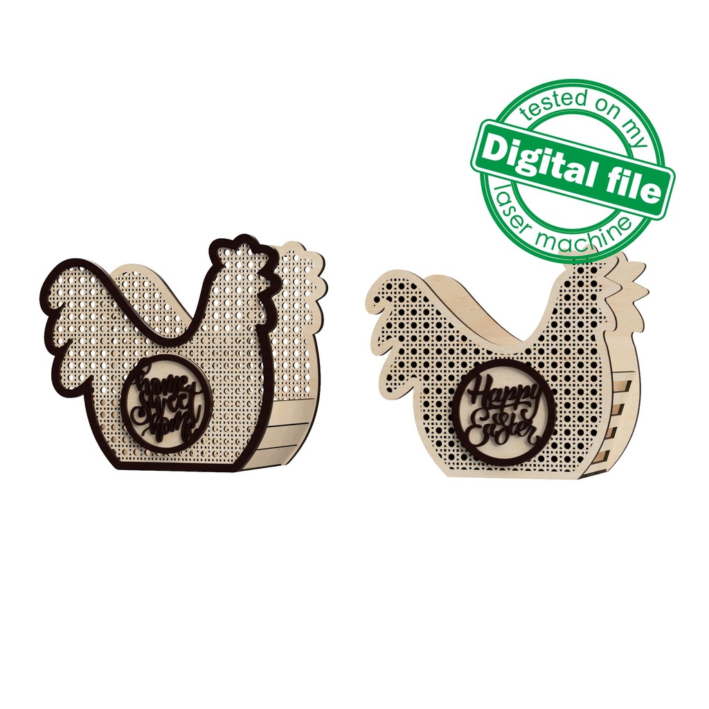 DXF, SVG files for laser Easter box Rooster, rattan basket Chicken, 2 different designs, for fruit, treats, bread, interchangeable panel