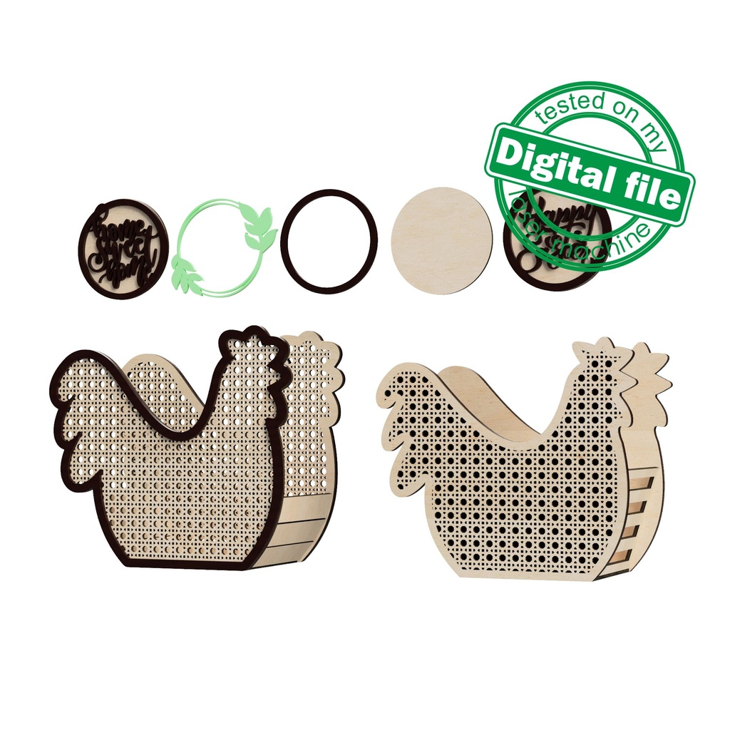 DXF, SVG files for laser Easter box Rooster, rattan basket Chicken, 2 different designs, for fruit, treats, bread, interchangeable panel