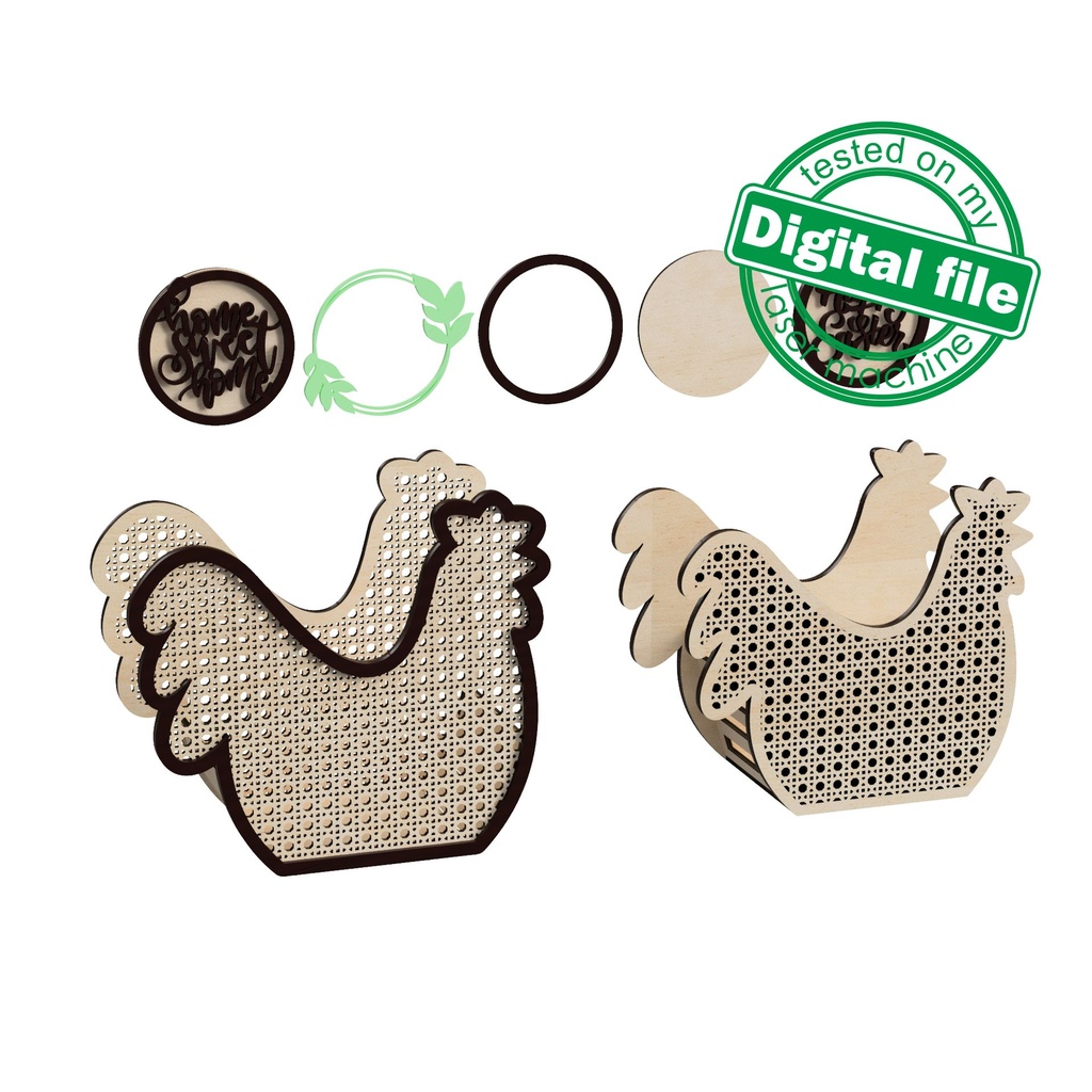 DXF, SVG files for laser Easter box Rooster, rattan basket Chicken, 2 different designs, for fruit, treats, bread, interchangeable panel