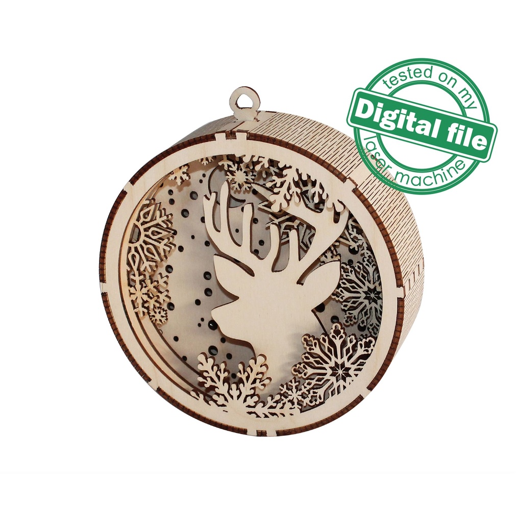 DXF, SVG files for laser Gift Box and Light-Up 3D Christmas Ornament, Multilayered Ornament pattern, Deer, Starry Sky, Snowflakes