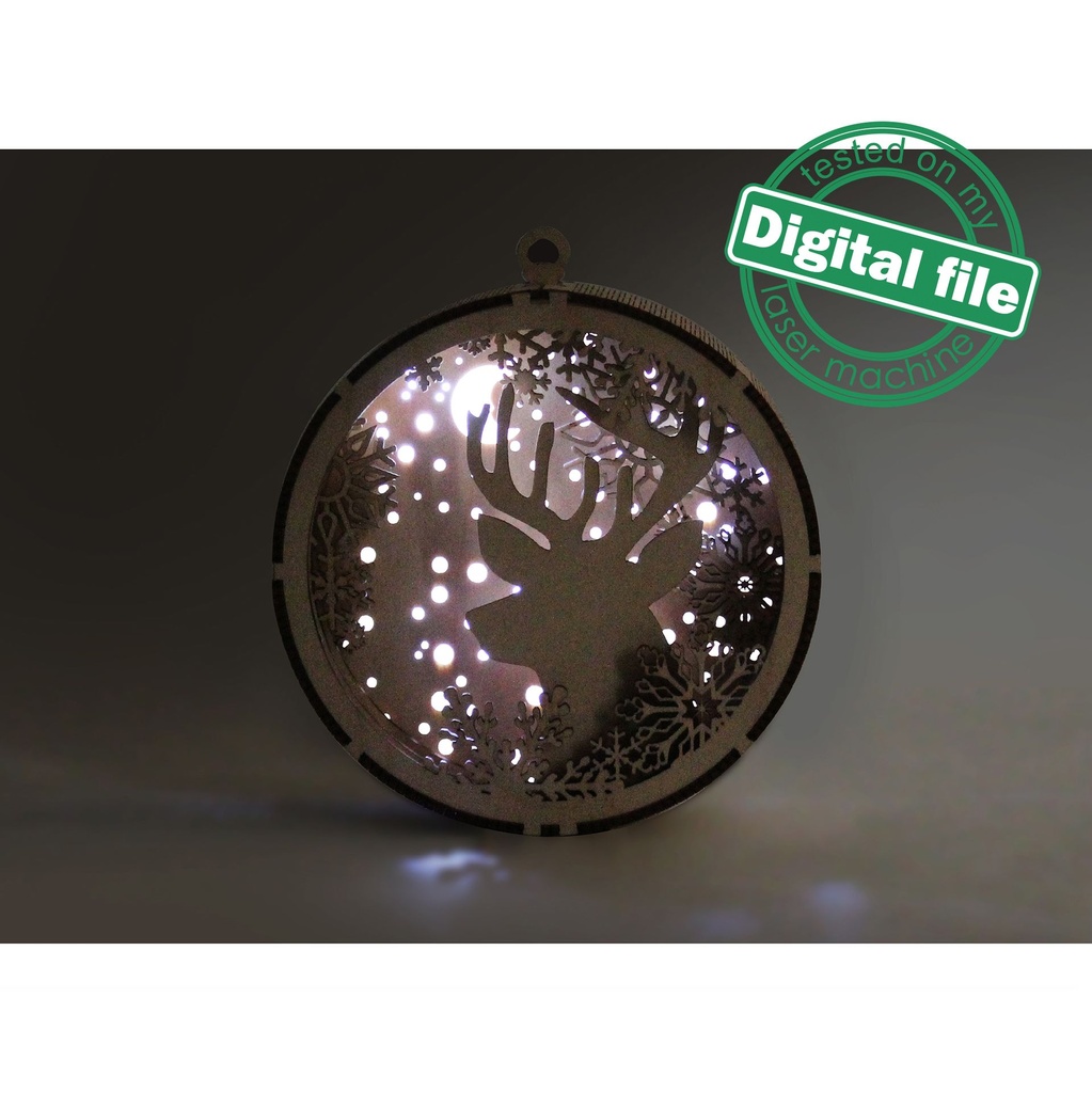 DXF, SVG files for laser Gift Box and Light-Up 3D Christmas Ornament, Multilayered Ornament pattern, Deer, Starry Sky, Snowflakes