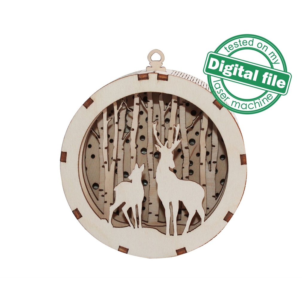 DXF, SVG files for laser Gift Box and Light-Up 3D Christmas Ornament, Multilayered Ornament pattern, Starry Sky, Winter forest, Deer