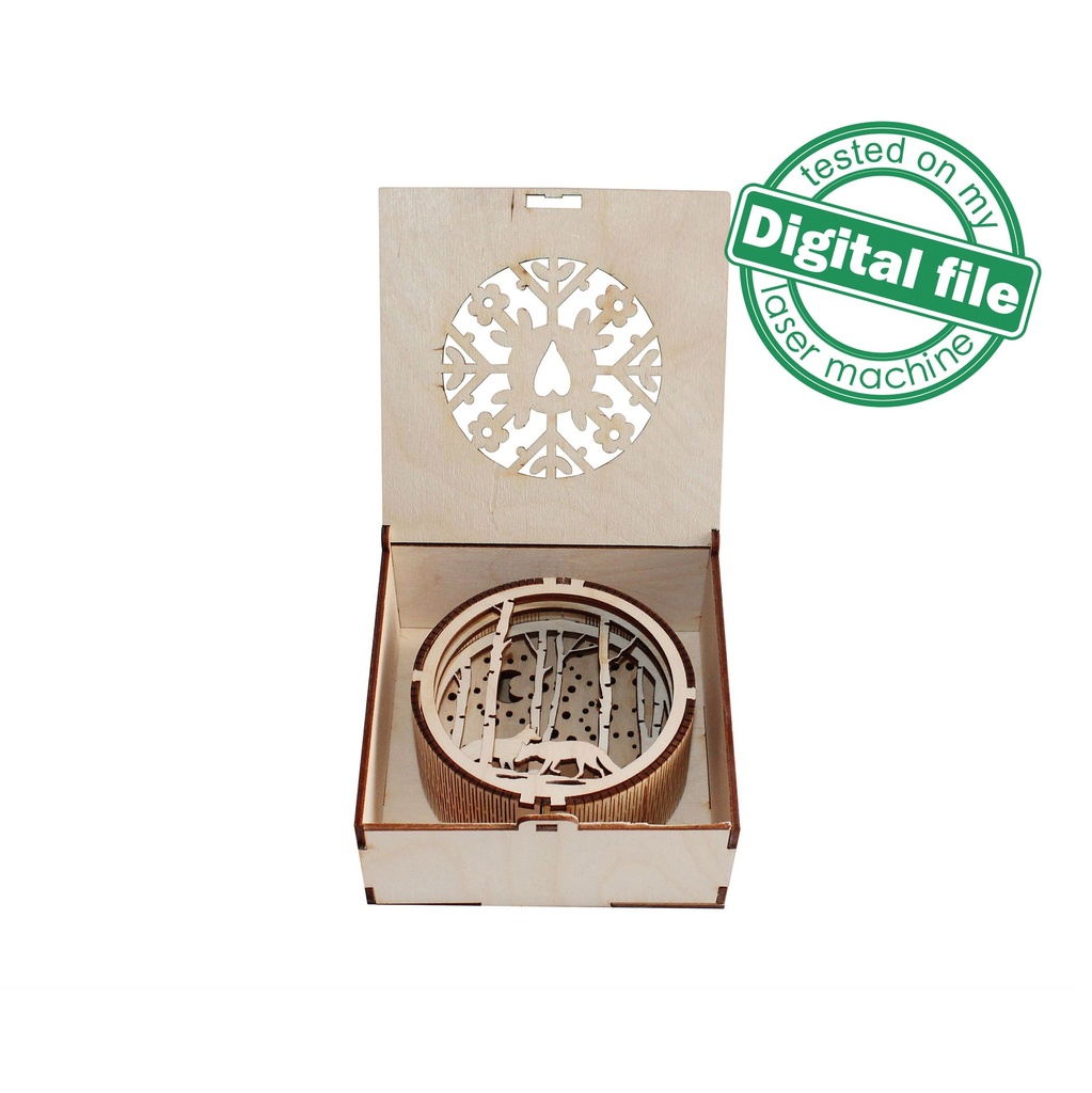DXF, SVG files for laser Gift Box and Light-Up 3D Christmas Ornament, Multilayered Ornament pattern, Starry Sky, Winter forest, Fox