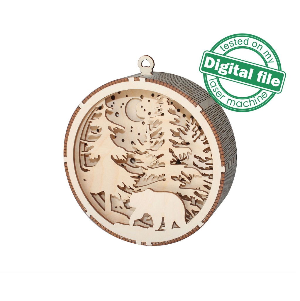 DXF, SVG files for laser Gift Box and Light-Up 3D Christmas Ornament, Multilayered Ornament pattern, Winter Forest, Bear, Moon