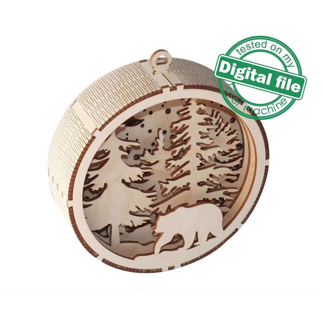 DXF, SVG files for laser Gift Box and Light-Up 3D Christmas Ornament, Multilayered Ornament pattern, Winter Forest, Bear, Moon