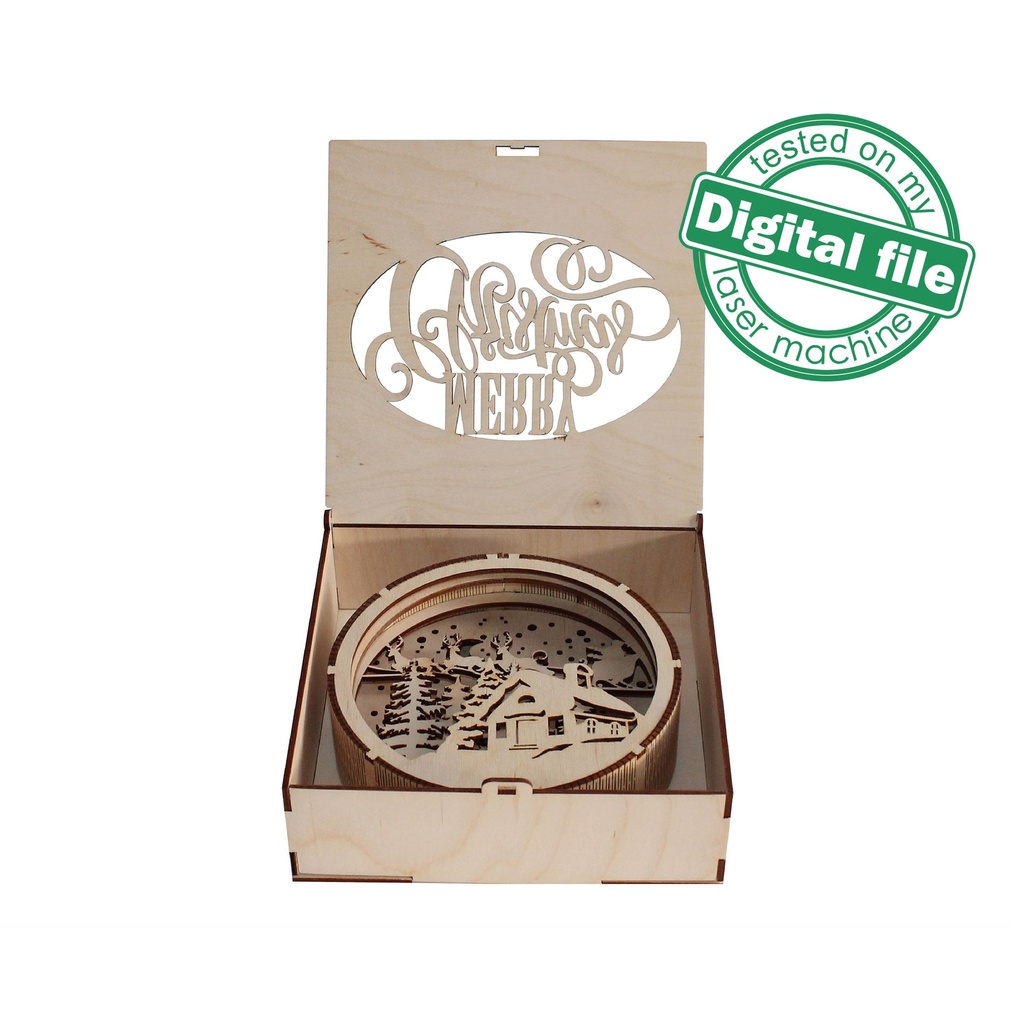 DXF, SVG files for laser Gift Box and Light-Up 3D Christmas Ornament, Multilayered Ornament pattern, Winter Forest, flying reindeer