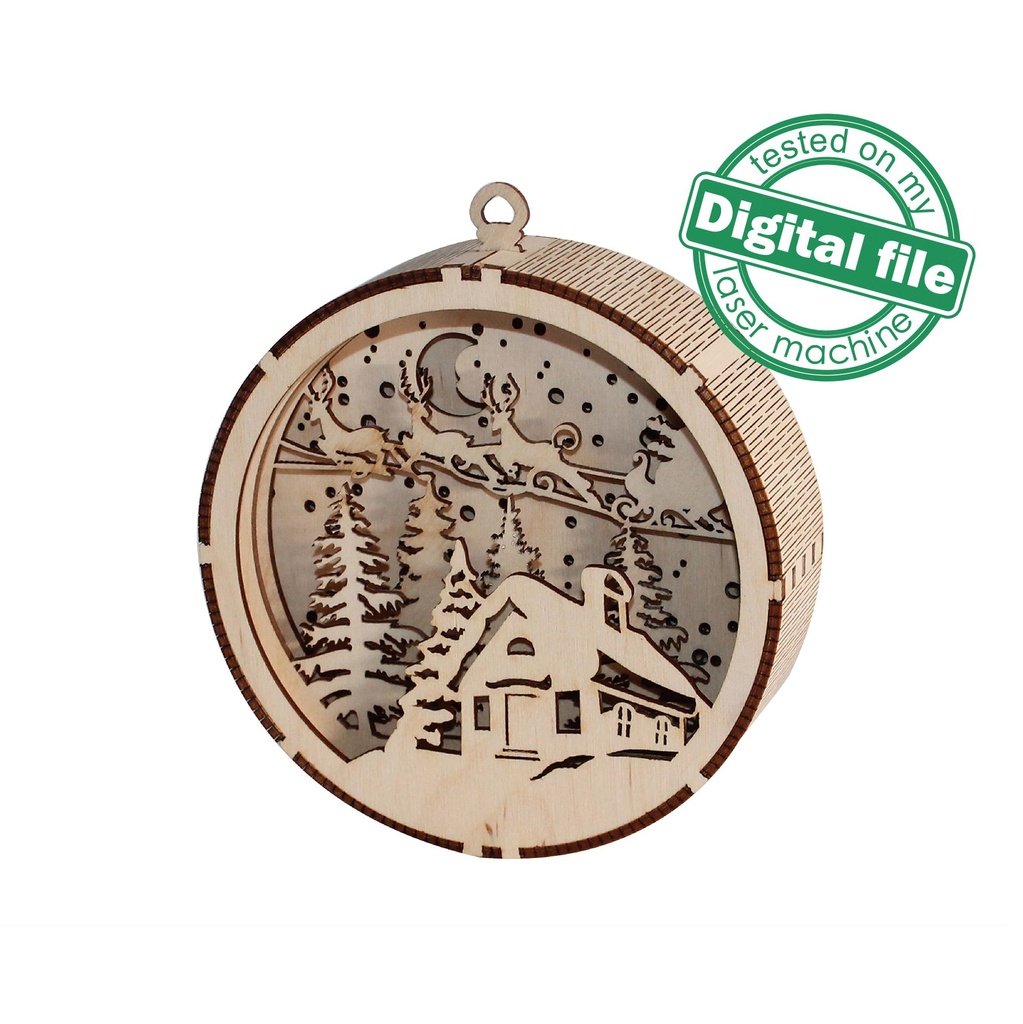 DXF, SVG files for laser Gift Box and Light-Up 3D Christmas Ornament, Multilayered Ornament pattern, Winter Forest, flying reindeer